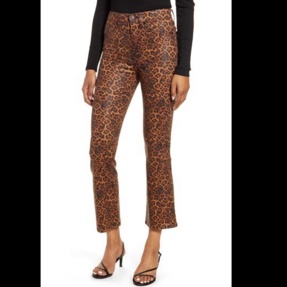 7 FOR ALL MANKIND High Rise Coated Leopard Print Slim Fit Kick Flare Jeans Pants